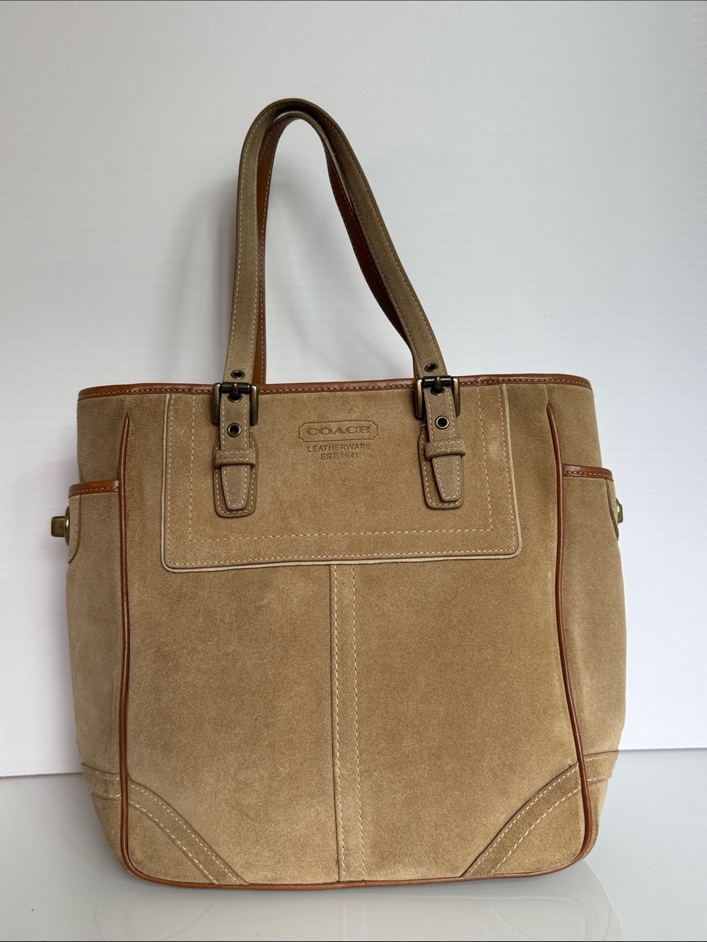 Coach Beige Suede Tote with Brown Leather Trim